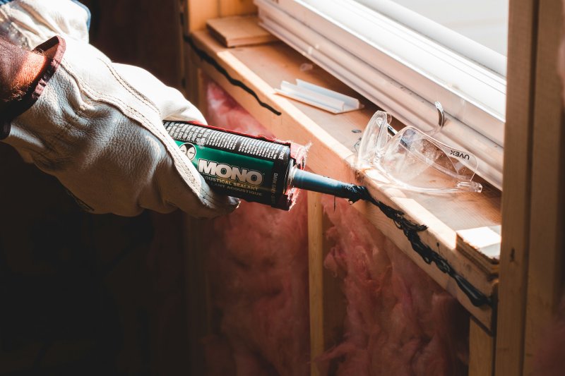 Gloved hand applying acoustic sealant to a wooden window frame above pink fiberglass insulation
