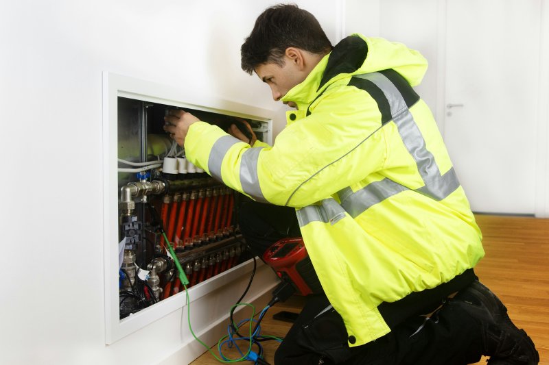 HVAC technician in a yellow safety jacket servicing a wall-mounted heating system