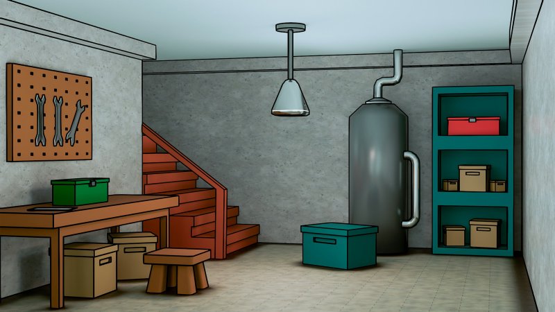 Basement utility room with a large cylindrical tank, tools, and pegboard along the wall