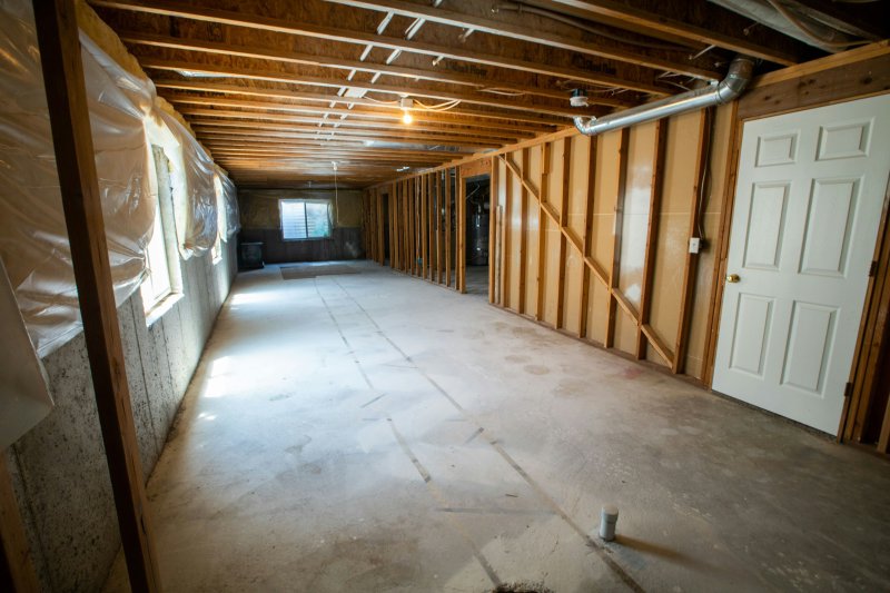 Basement under construction with exposed wood beams, bare concrete floor, and unfinished framed walls