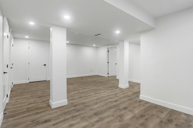 Empty finished basement with painted white walls, light wood-look flooring, and recessed ceiling lighting