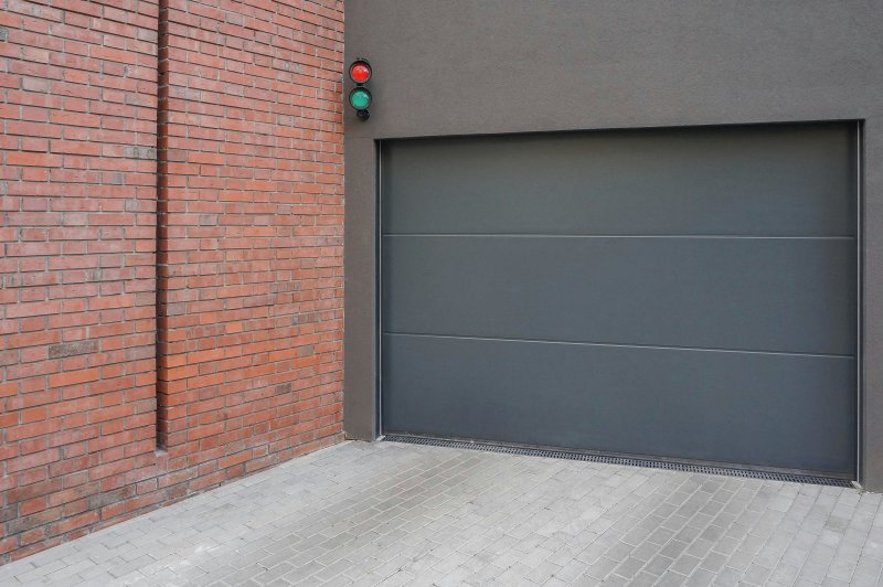 Modern dark gray sectional garage door with an overhead operator signal light indicating opener status