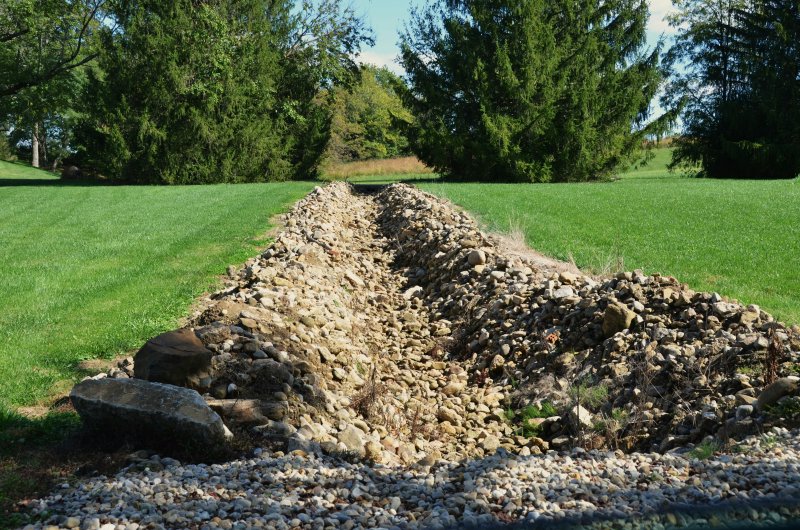 Yard trench filled with washed stone running across a green lawn, the gravel envelope of a curtain drain