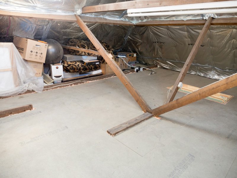Exposed wooden beams and insulation in an unfinished basement