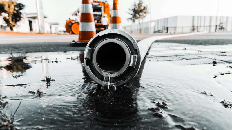 Large metal pipe leaking water onto a wet road surface near construction cones