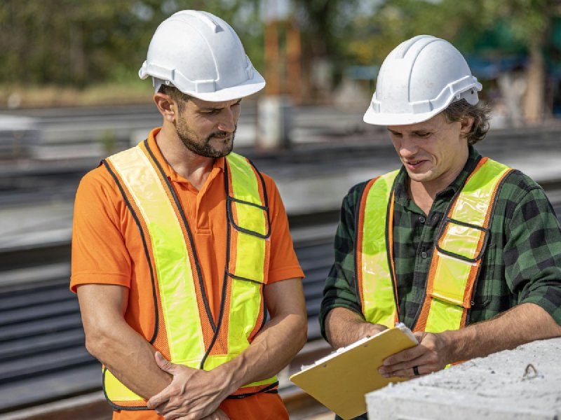 Two contractors in hard hats and high-visibility vests reviewing documents together on a job site — the credential-and-bid check that decides whether a restoration company actually carries IICRC FSRT certification and proper licensing