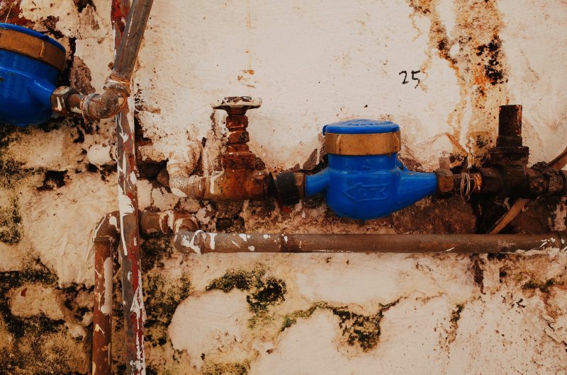 Blue water meter and rusty supply pipes mounted on a stained exterior wall
