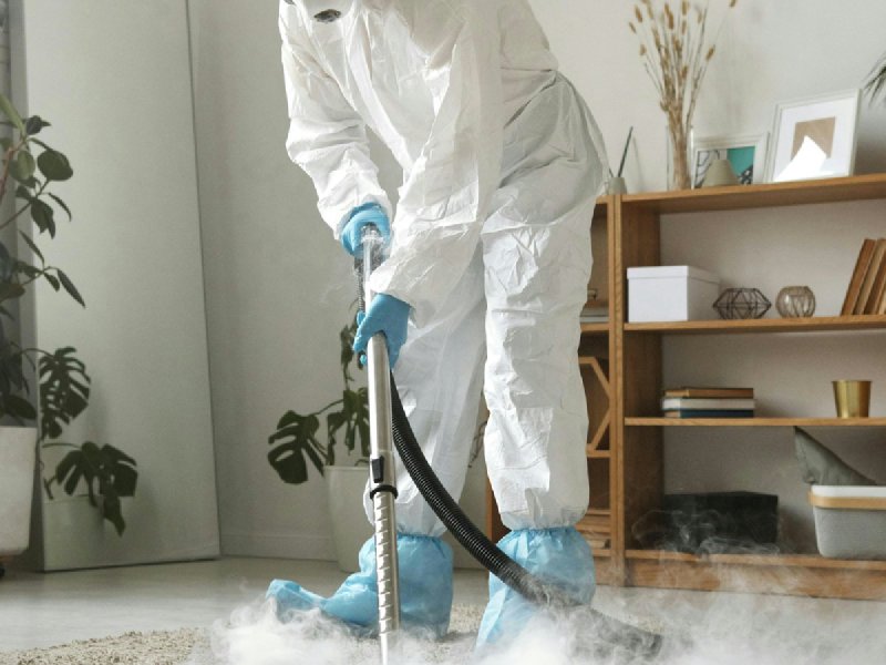Worker in a full white hazmat suit, blue gloves, and respirator using a steam cleaner with HEPA-style PPE in a residential interior