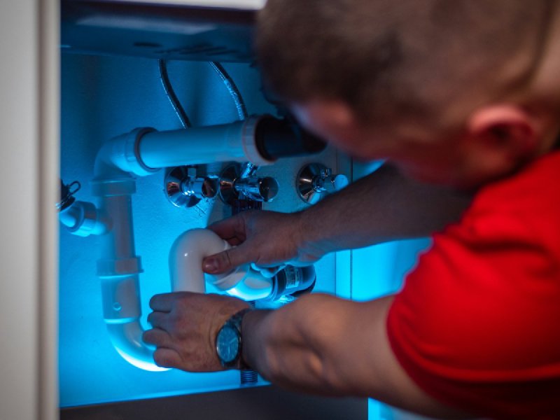 Plumber working on white PVC pipes under a sink