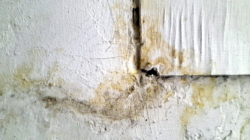 White wall with brown water stains and peeling paint along a wooden beam