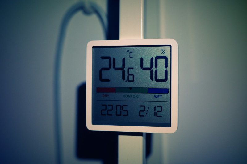 Wall-mounted digital thermometer reading temperature 24.6 degrees Celsius and 40 percent humidity, the kind of psychrometric reading captured during S500 monitoring visits